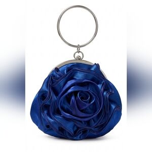 Royal Blue Satin 3D Rose Flower Clutch Bag with Metal Ring Handle